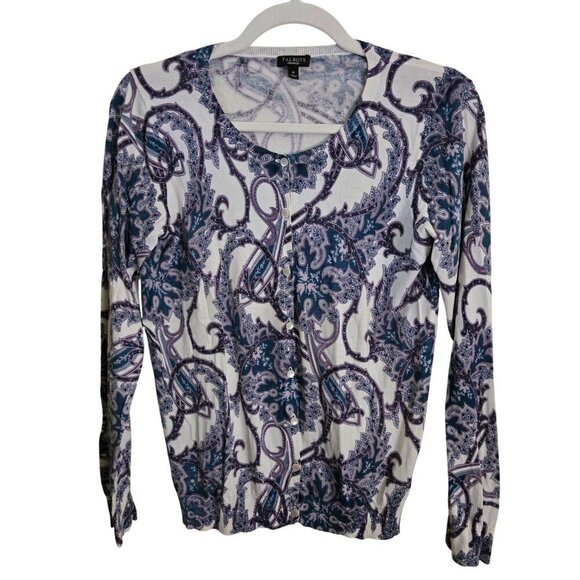 Talbots Silk Blend Purple Teal Paisley Classic Crewneck Cardigan Sweater Size M - Picture 1 of 7